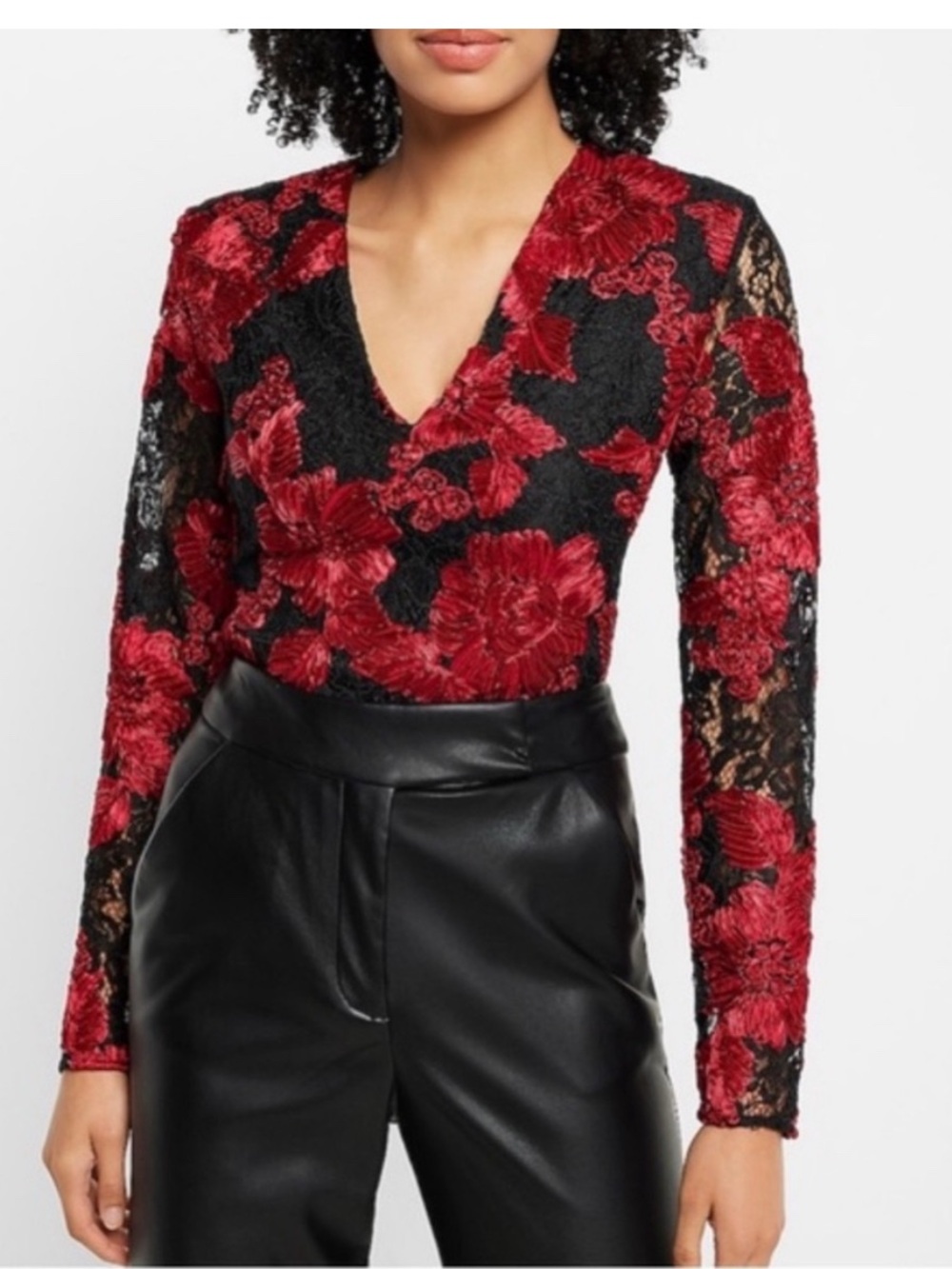 EXPRESS Red Black Floral Lace Bodysuit Sheer Long Sleeve NWT Medium
